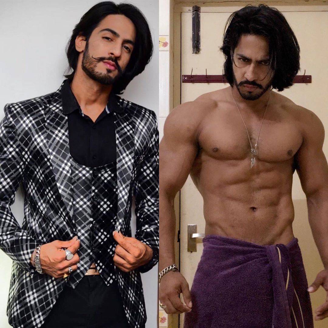 Thakur Anoop Singh top model India - collage of 2 photos wearing black suit and other have bare body. Long hair