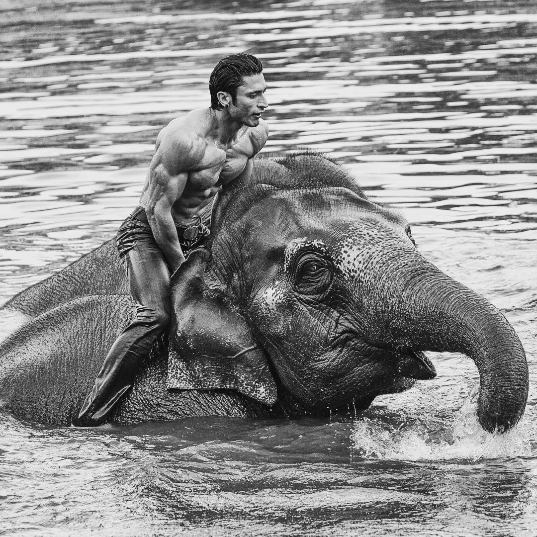 Vidyut Jamwal Top Model India - riding on Elephant in water