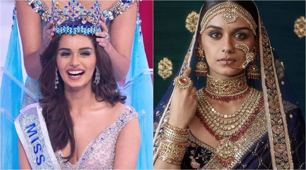 Manushi Chhillar - Collage of her 2 Photos. One photo from her miss universe winning pageant moment and other is bridal dressed up pose