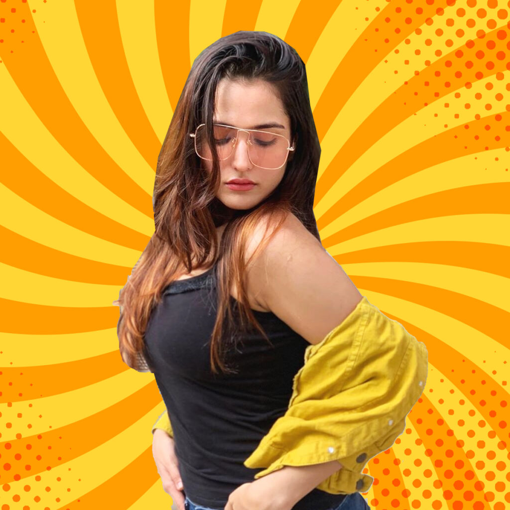 Riya Ramesh Kishanchandani - Posing in black tops, wear shades have a yellow vector background