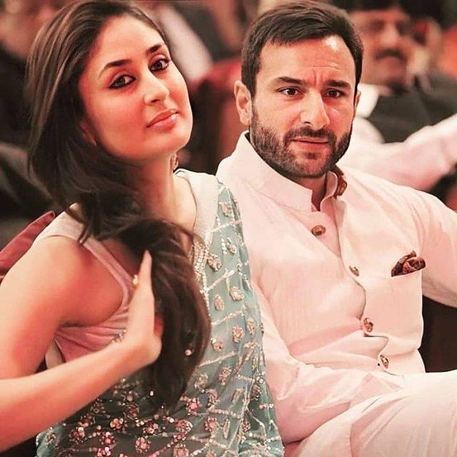 Saif Ali Khan married to Kareena Kapoor Khan (September)- celebrity couple sitting pose together in Indian attires