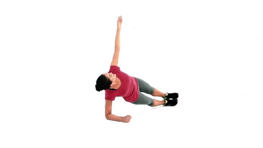 Plank Reach-Under - doing by woman wear tshirt and slacks