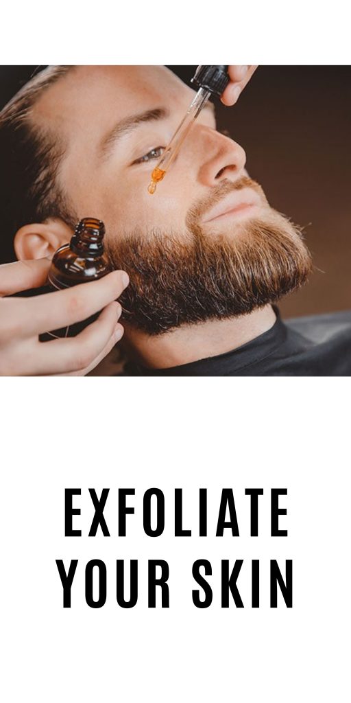 a man is sitting an applying serum to exfoliate his beard - how to grow beard naturally,