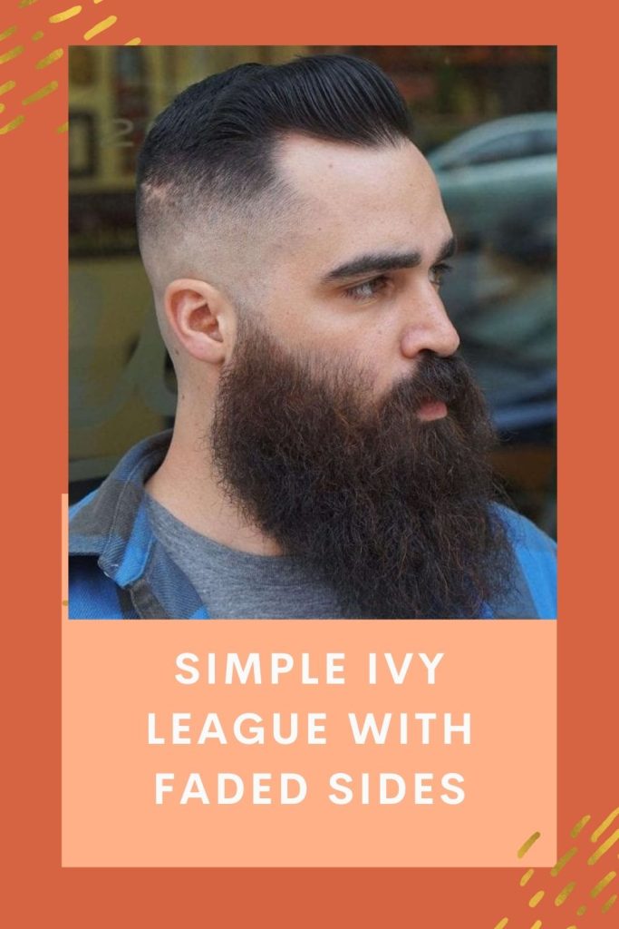 A guy in blue shirt is posing for camera foe a side view in Simple Ivy League with faded sides look - beard styles 2021 for older guys