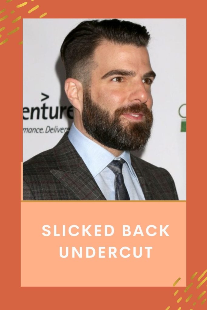 A man in brown suit giving a side pose with Slicked back undercut -  Beard Styles