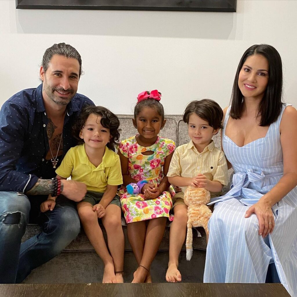 Sunny Leone and Daniel Weber with their biological twins boys and adopted girl child - bollywood celebrities who adopted child