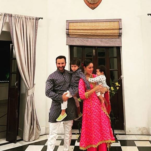 Saif Ali Khan and Kareena Kapoor Khan posing with their children - bollywood celebrities live in relationship