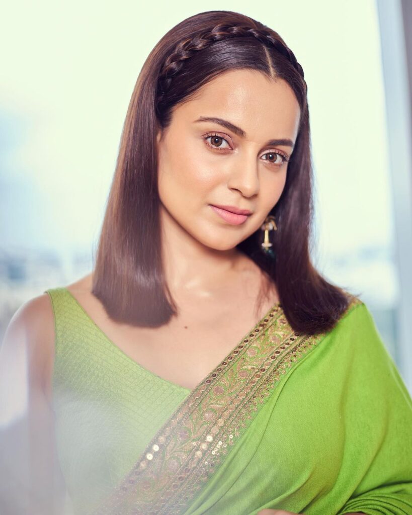 Kangana Ranaut in green sari and Straight Medium Hair with braid posing for camera - hairstyles for working women