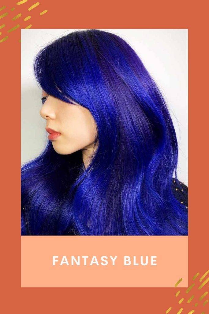 A girl is showing her Fantasy Blue hair color - hair care routine