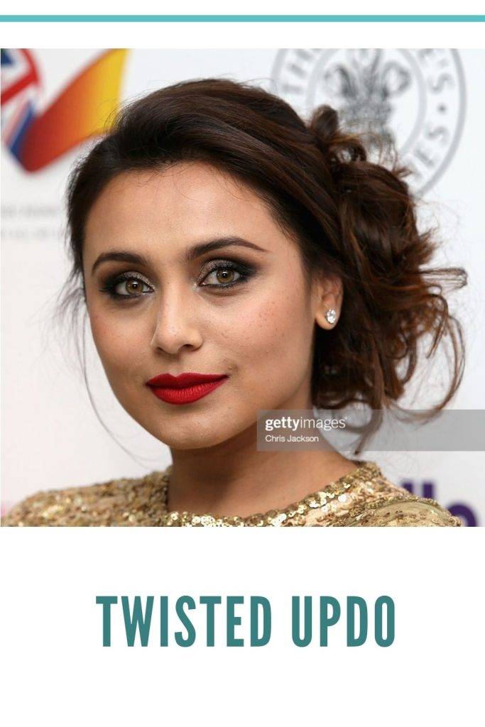 Rani Mukherji in golden dress and twisted updo - professional hairstyles for work
