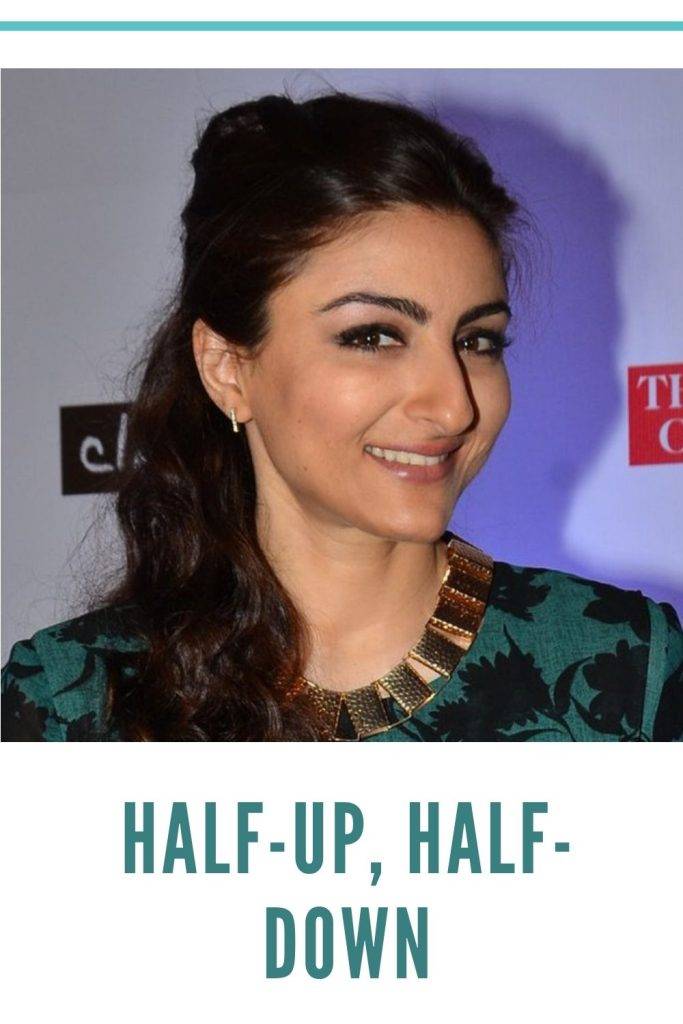 Soha Ali Khan in green and black dress posing for camera in Half-Up, Half-Down hairstyle - hair care routine