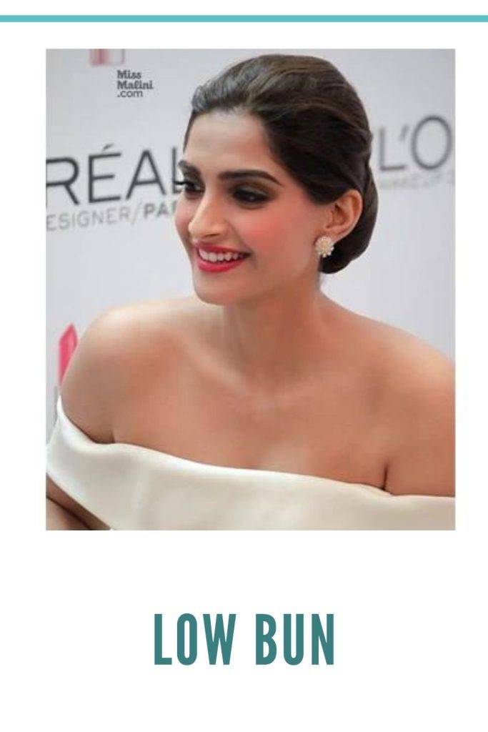 Sonam Kapoor in off shoulder dress and Low Bun - hair color for women