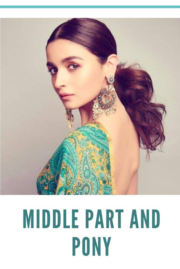 Alia Bhatt in multicolor Sari with Middle Part and Pony hairstyle - face shape