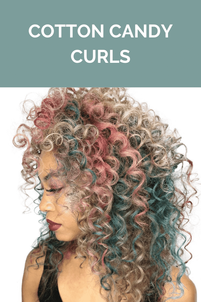 A girl in black tank top and multi color hair showing the side view of her Cotton candy curls - diamond face hairstyles