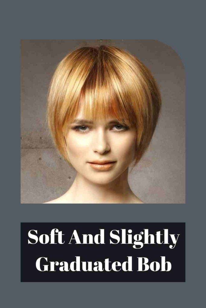 A girl in shiny blonde hair color showing her Soft And Slightly Graduated Bob hairstyle - face shape