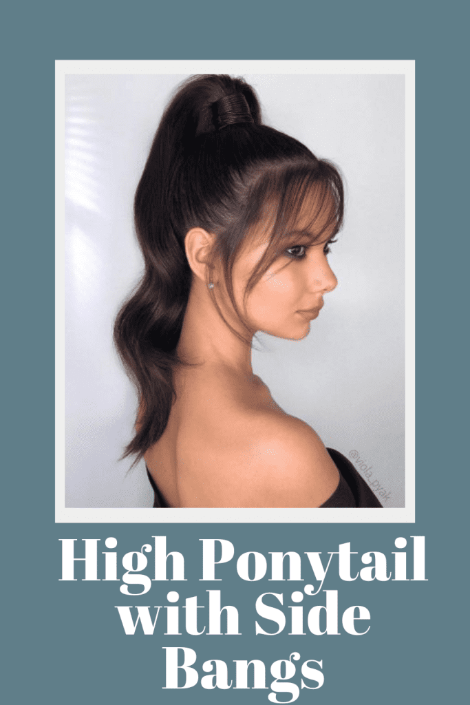 A girl in black off-shoulder dress showing the side view of her high ponytail with side bangs hairstyle - ponytail hairstyles