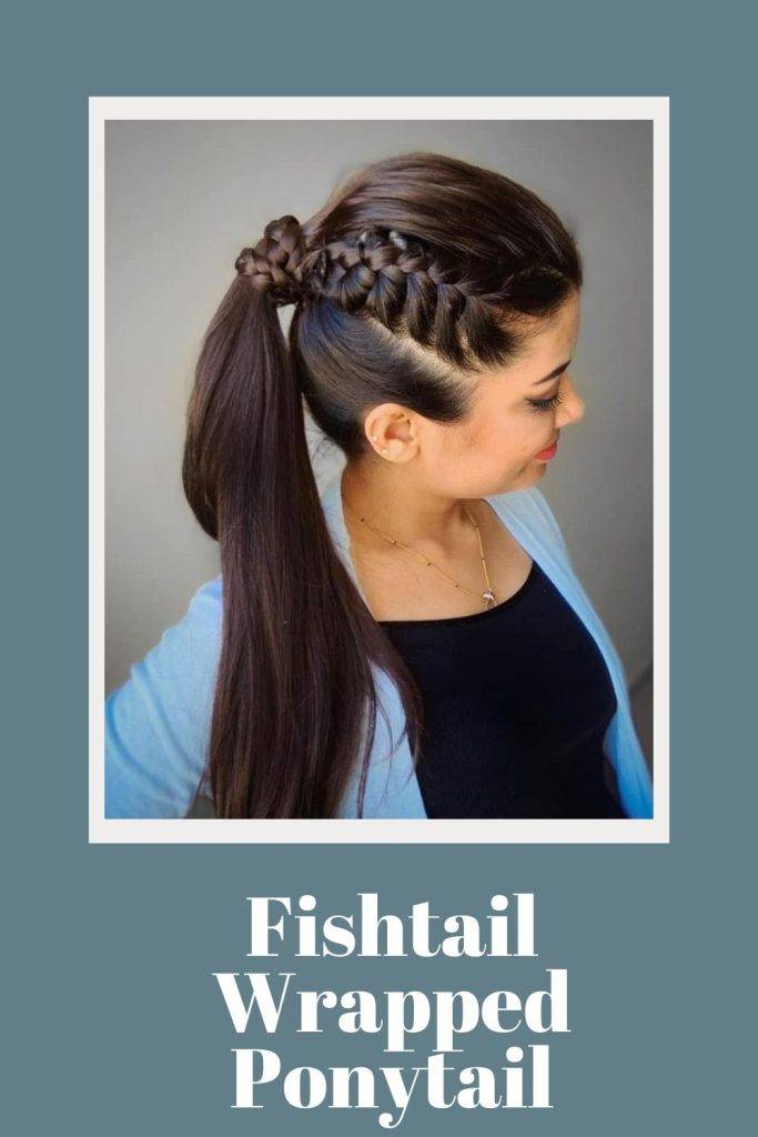 A girl in black top and sky blue inner showing the side view of her Fishtail-Wrapped Ponytail - straight hair