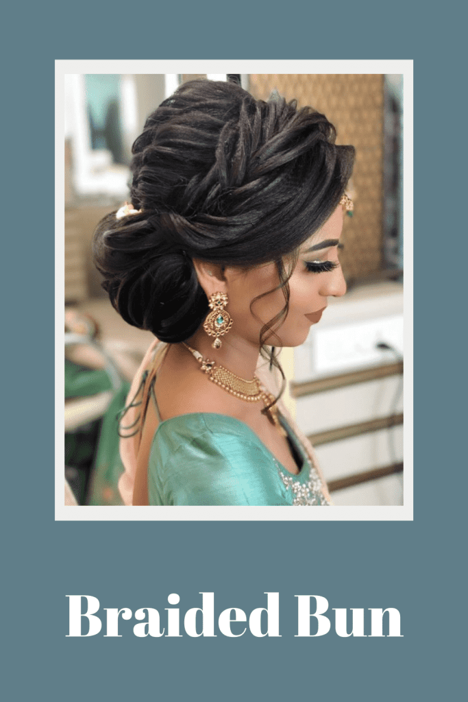 A girl in teal color saree and braided bun - braided hairstyles
