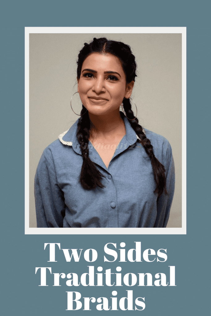 Samantha Ruth Prabhu in blue shirt with two sides traditional braids and hoops - hair care routine