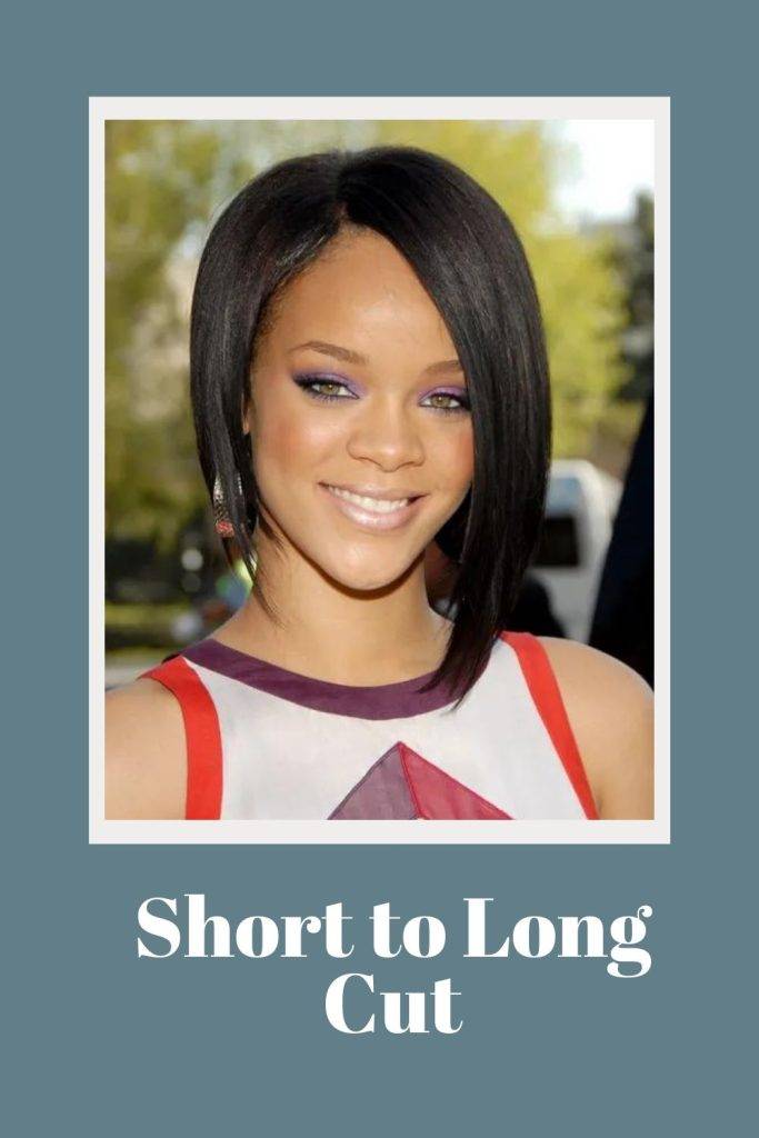 A girl in multicolor top smiling and posing for camera and showing her Short to Long Cut - Thick hair