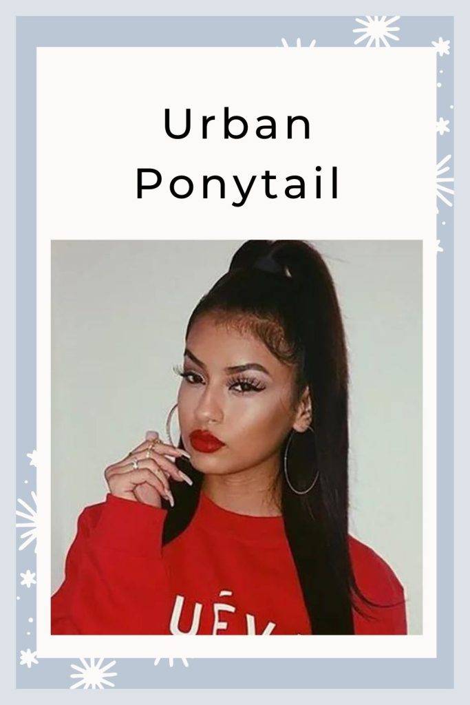 A girl in red top and hoop earrings posing for camera and showing her Urban Ponytail - ponytail hairstyles