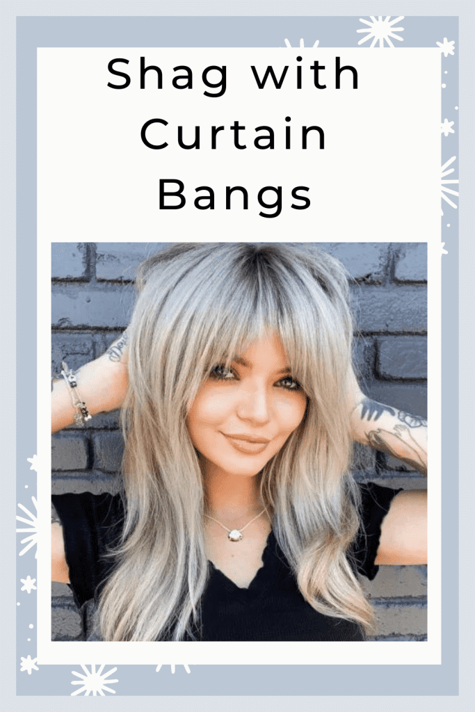 A girl in ash blonde hair showing her shag with curtain bangs - Thick hair
