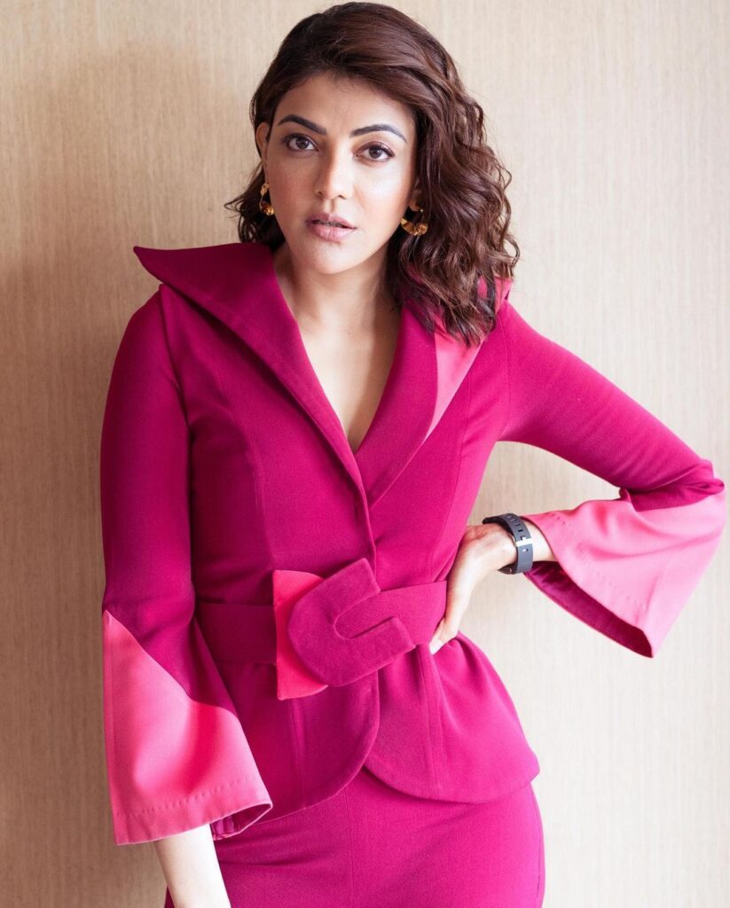 Kajal Agarwal in violet color dress and curly short hair - hairstyles for 20s women