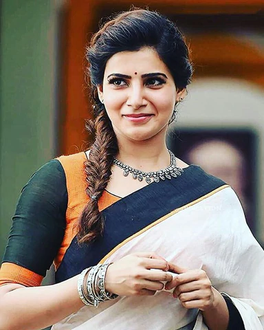 Samantha in blue and white saree with side braid - ponytail hairstyle 