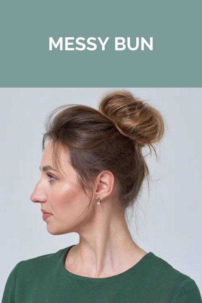 A girl in green top showing the side view of her messy bun - hairstyles for thin girls