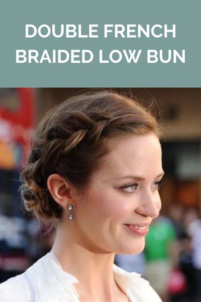 A girl in white top and stud earring smiling and showing the side view of her double french braided low bun - professional women hairstyle