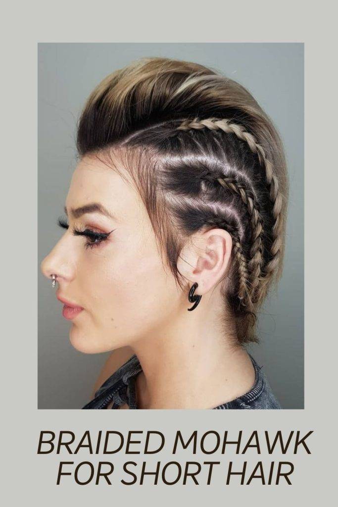 A girl in blue top showing the side view of her Braided Mohawk For Short Hair - 30s women hairstyles for long short hair