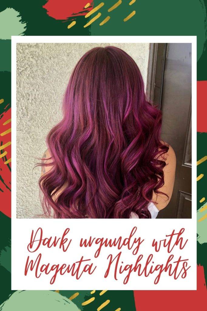 A girl in white tank top showing the side view of her Dark Burgundy with Magenta highlights - burgundy hair color ombre