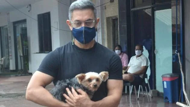 Aamir Khan in black t-shirt with mask and spectacles holding his pet - Aamir khan hairstyles 