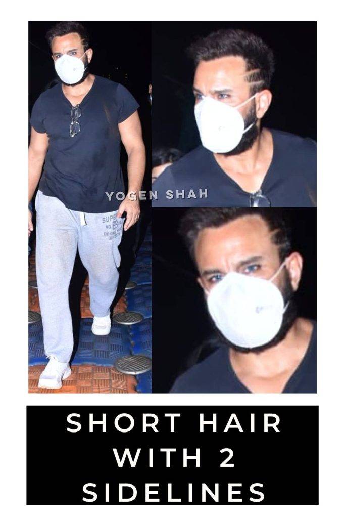 Saif Ali Khan in blue t-shirt and grey lower with mask showing off his short hair with 2 sidelines - saif ali khan new movie hairstyle