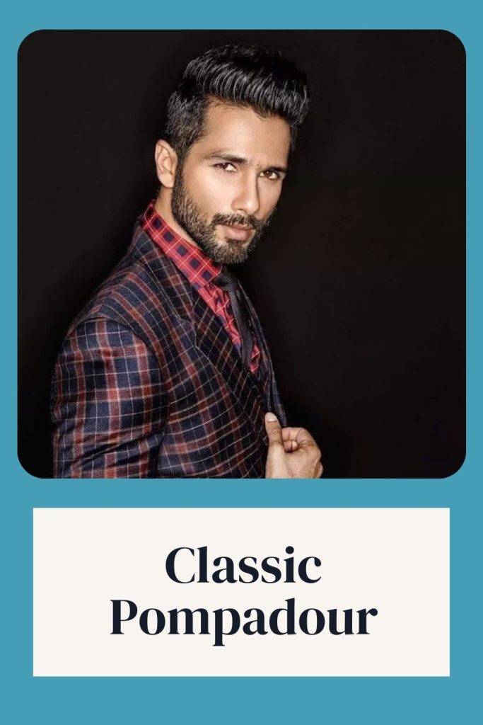 Shahid Kapoor in blue and red suit and shirt posing for camera and showing his Classic Pompadour - face shape