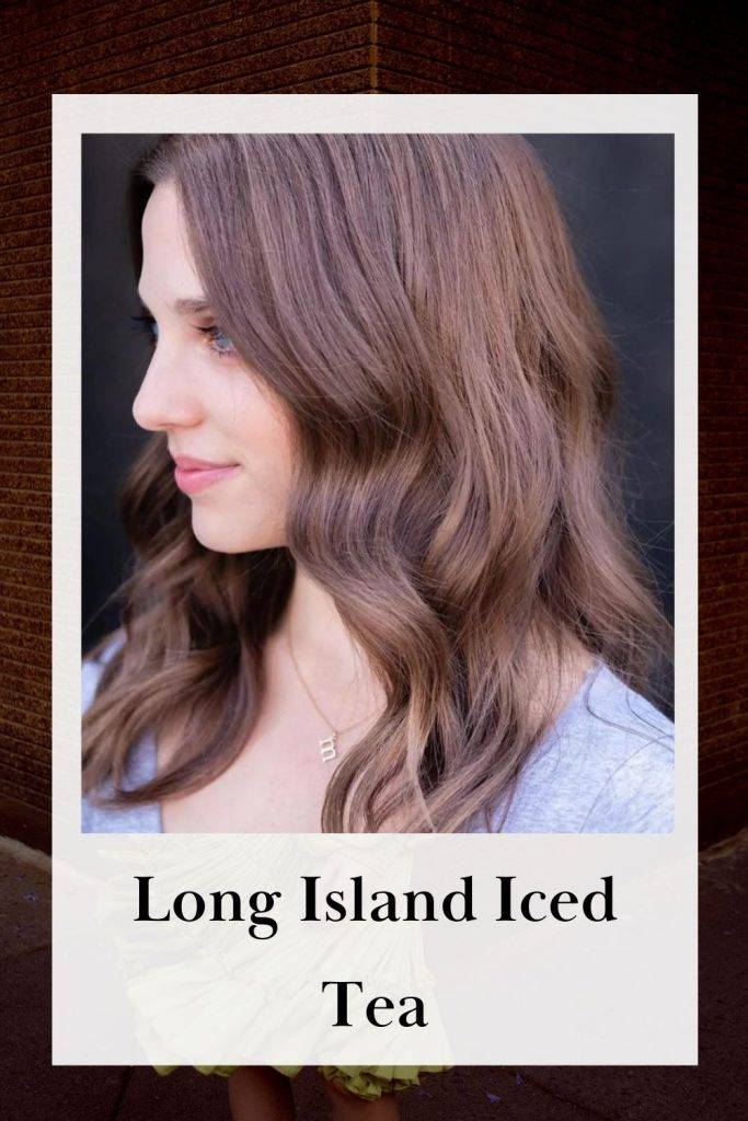 A girl in sky blue top showing the side view of her Long Island Iced Tea hair color - brown hair color shades