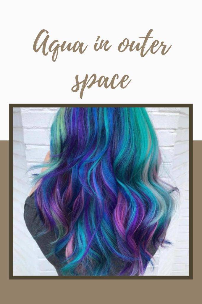 A girl is showing the back view of her aqua in outer space - funky hair color
