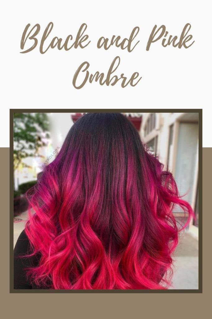 A girl in black top showing the  back view of her black and pink ombre - funky hair color