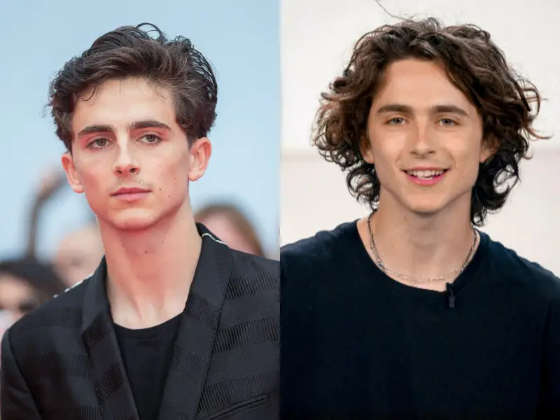 Timothée Chalamet in all black look before and after photos of Long Hair - hair style Hollywood