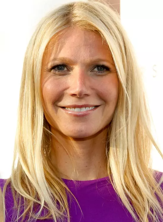 Gwyneth Paltrow in purple dress posing for camera and showing her ultra-smooth style - hollywood actresses short hair