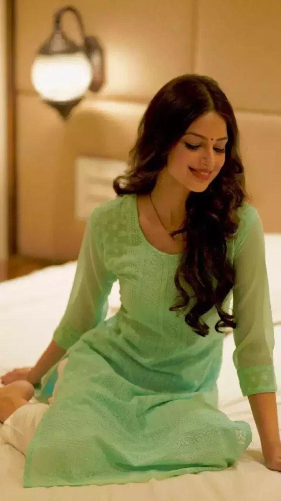 Harnaaz Sandhu in light green kurta sitting on white bed and showing her Indian looks - harnaaz sandhu pic