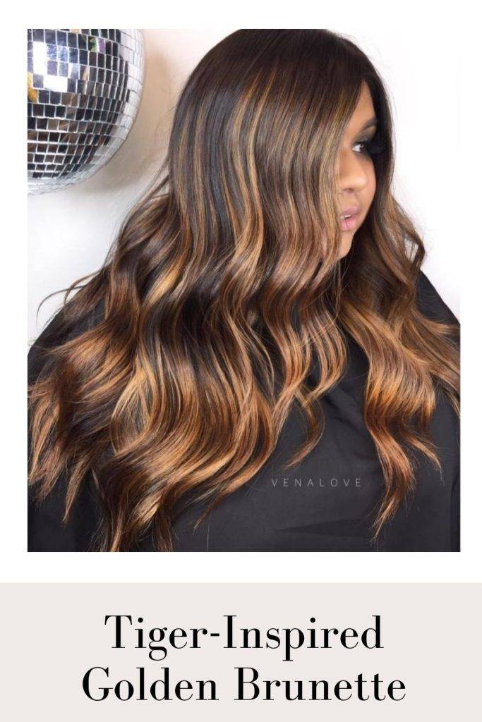 A girl in black dress showing the side view of her Tiger-Inspired Golden Brunette hair color - funky hair color