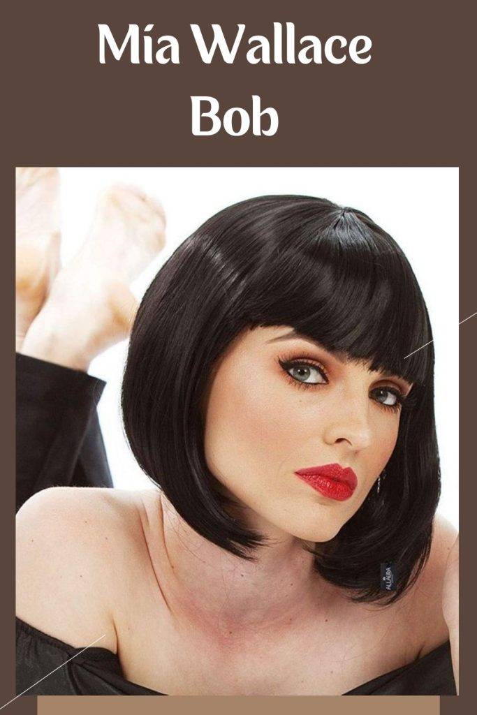 A girl in black tube top and red lipstick showing her Mia Wallace Bob - popular hairstyles for women