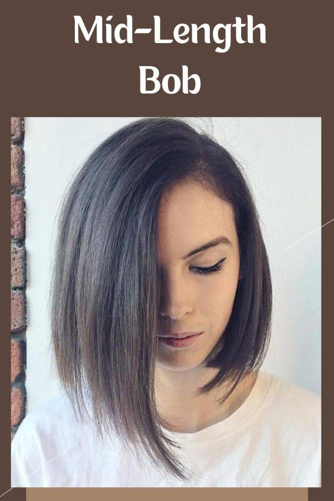 A girl in white t-shirt posing for camera and showing her Mid-Length Bob - hairstyles for women 2022