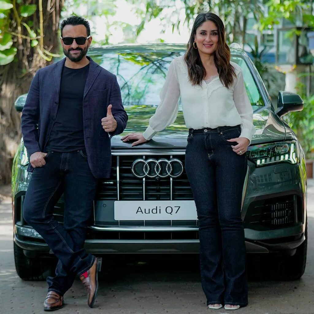 Saif Ali Khan in blue jeans with blue coat and black t-shirt and Kareena Kapoor in blue jeans with white shirt - Bollywood actors latest hairstyles