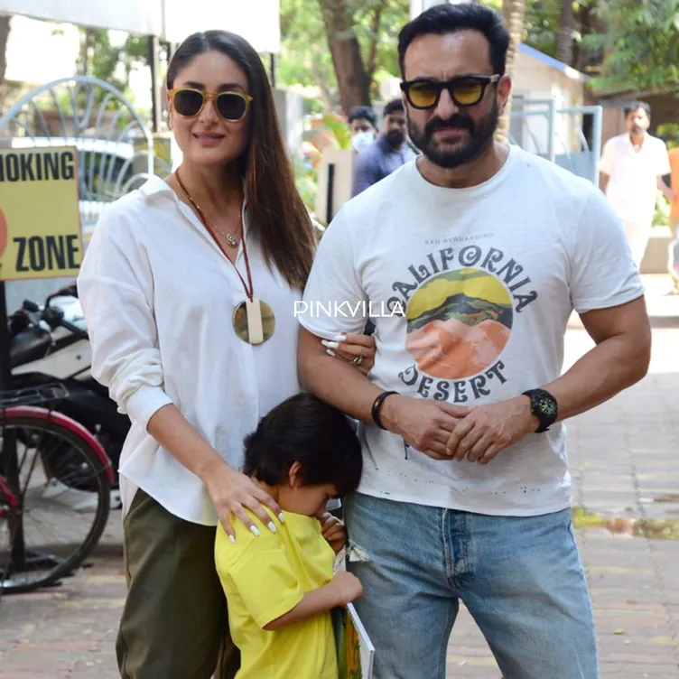 Saif Ali Khan and Kareena Kapoor Khan in matching white shirt and goggles posing for camera with their son - best partner for August born