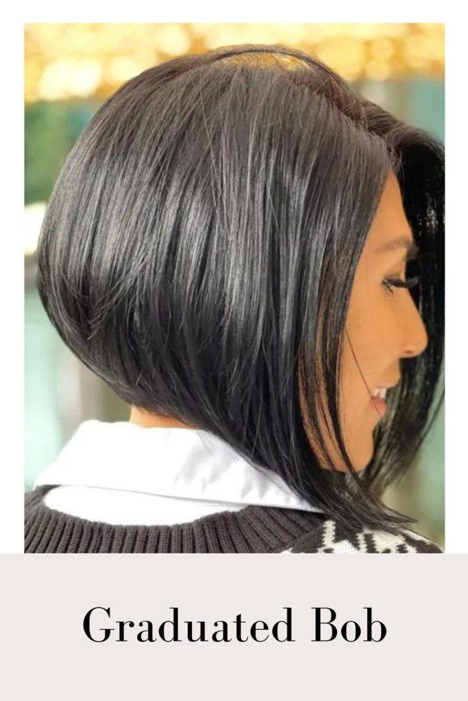 woman in grey and white shirt and Graduated Bob hairstyle - bob hairstyles