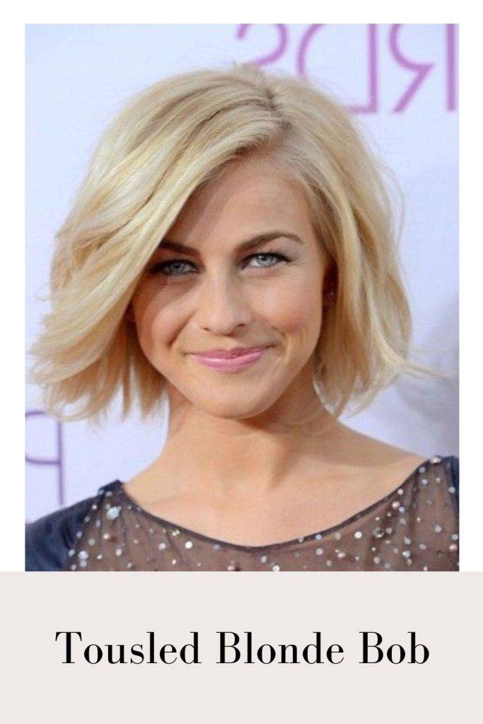 Smiling woman in black net dress and Tousled Blonde Bob hairstyle - bob hairstyles