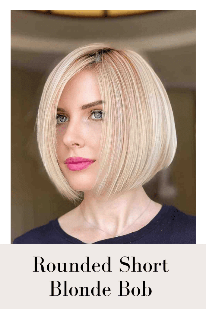 Woman in blue top with pink lipstick and Rounded Short Blonde Bob - bob hairstyles for short hair