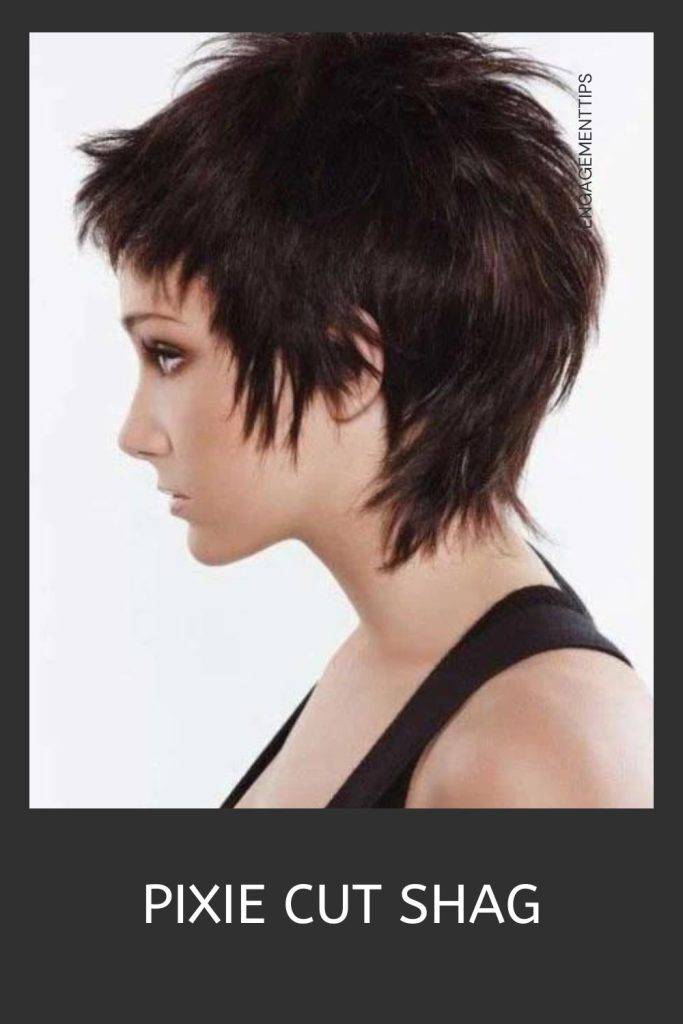 Woman in black tank top and pixie cut shag haircut - shag haircut short